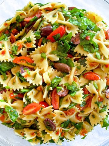 colorful bow tie pasta salad with fresh tomatoes, sun dried tomatoes, kalamata olives, and chopped spinach