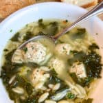 italian wedding soup with meatballs, orzo, and kale