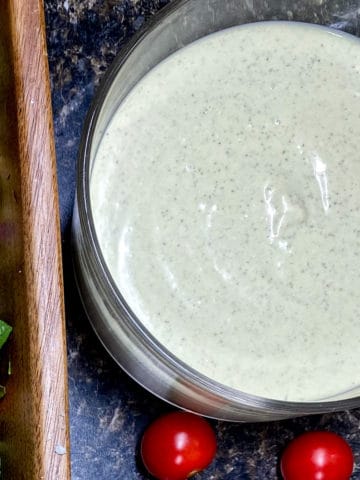 avocado ranch dressing in clear bowl