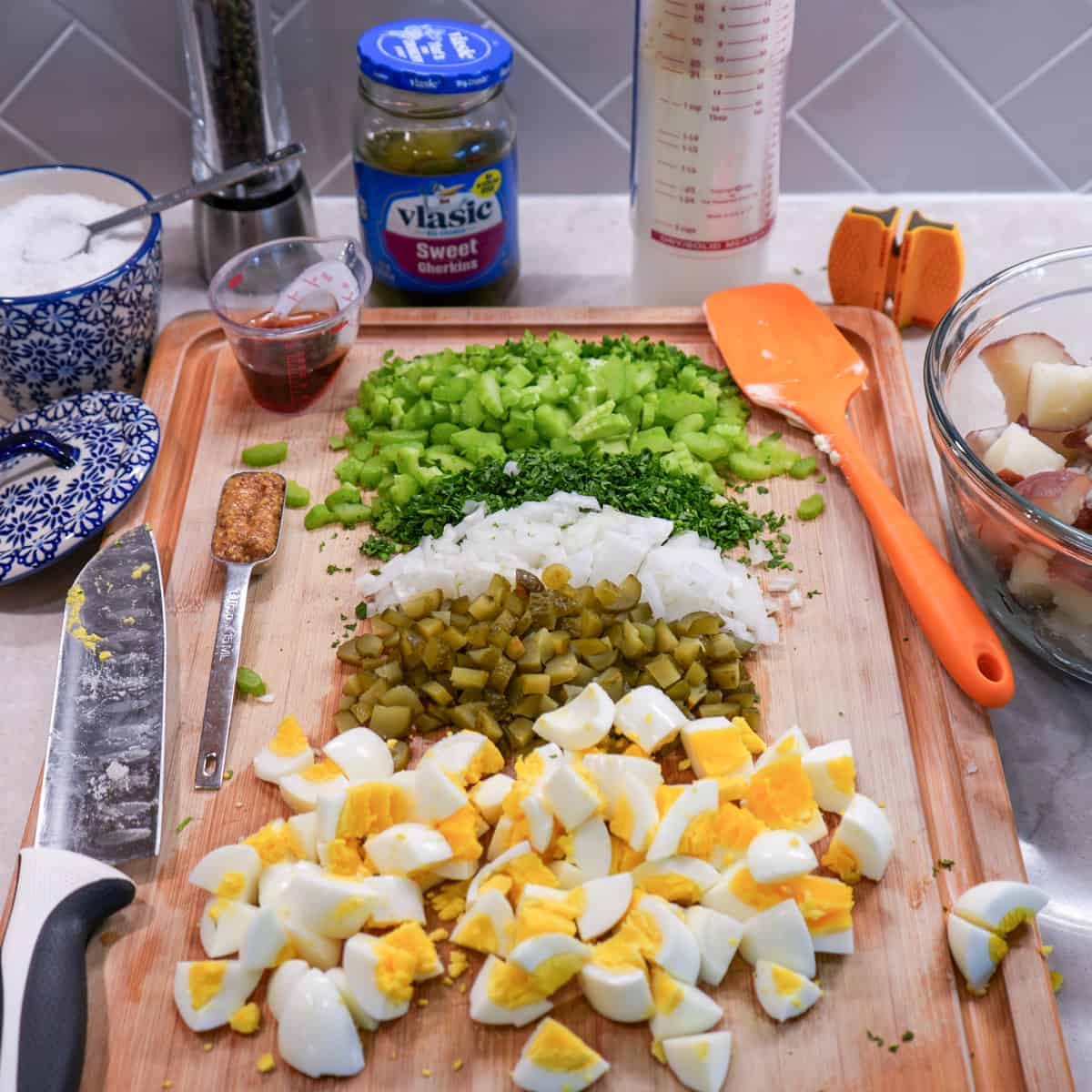 red skinned potato salad ingredients prepped and ready to be assembled.